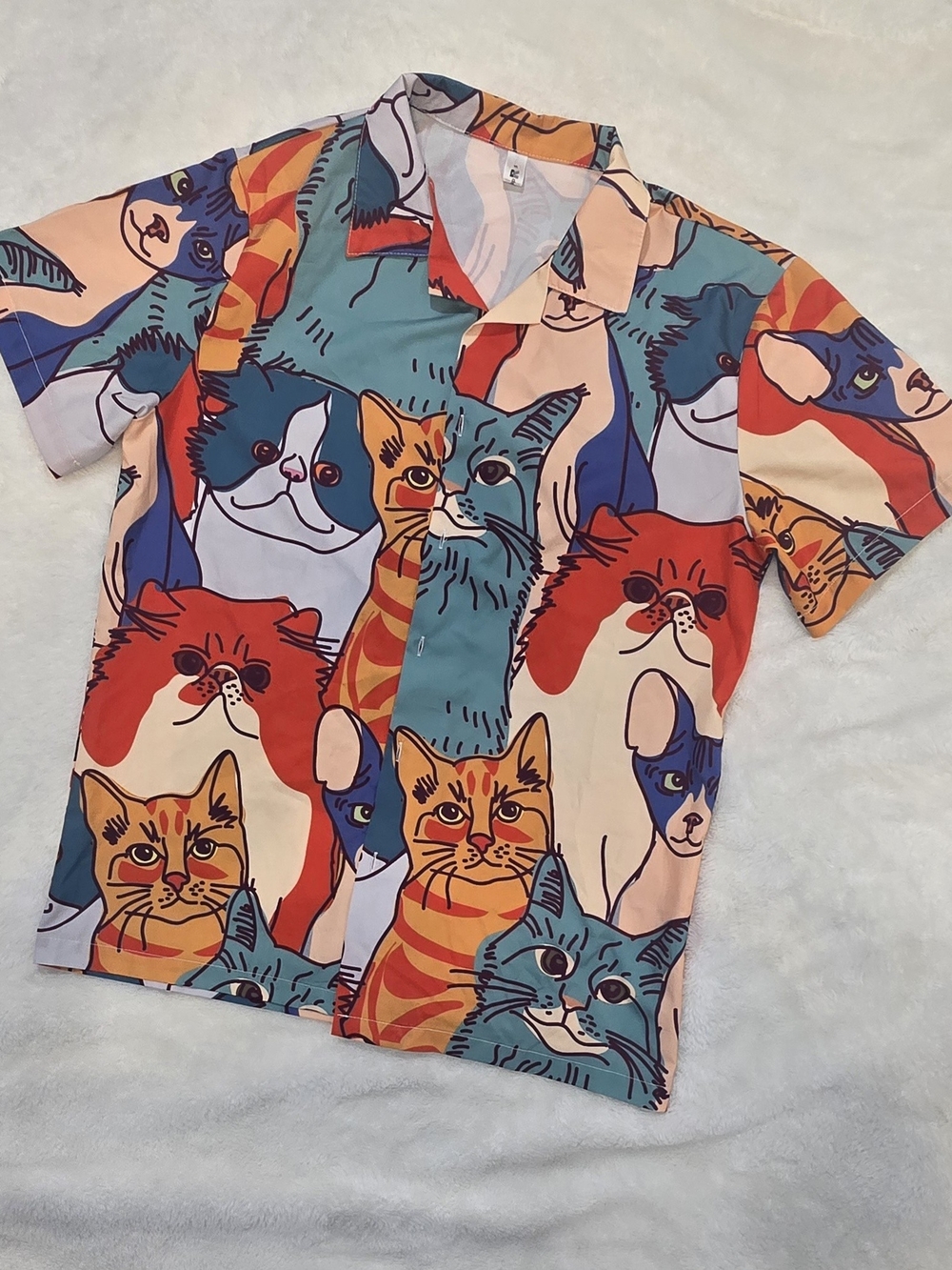Vibrant All-Over Cat Graphic Print Short Sleeve Camp Collar Shirt - Size S